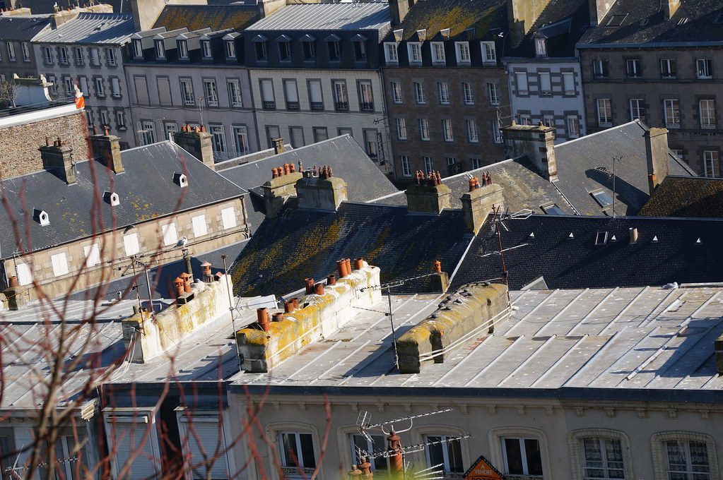 Residential rooftops showcasing various roofing styles and materials